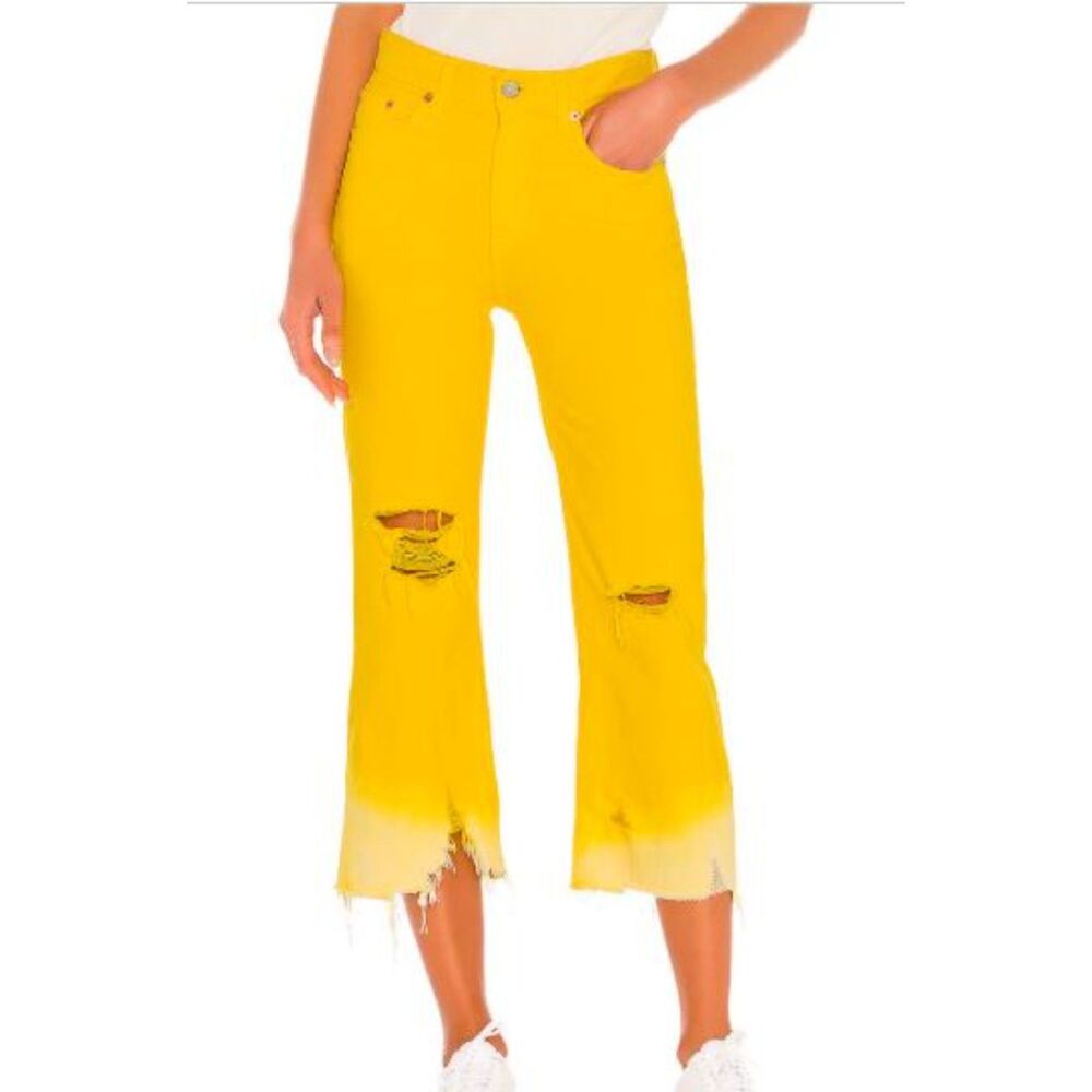 Denimist Pierce High Rise Straight Yellow Dip Dye Destroyed Jeans 25 NWT 298